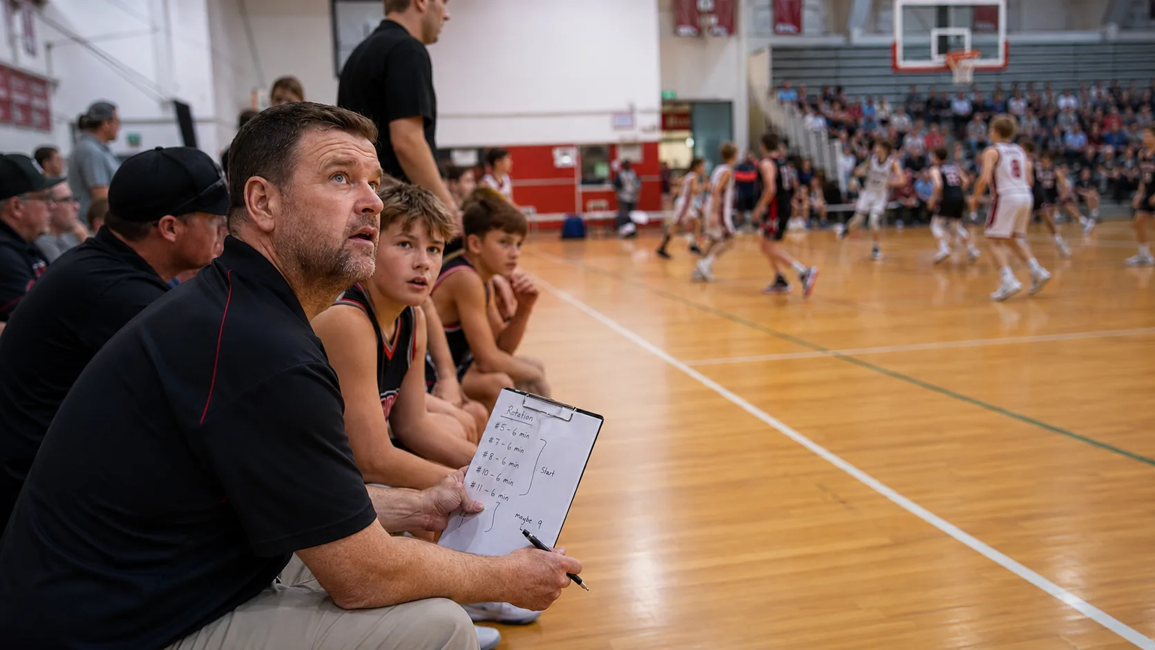 A youth basketball coach on the sideline checking the Run The Bench app during a game.
